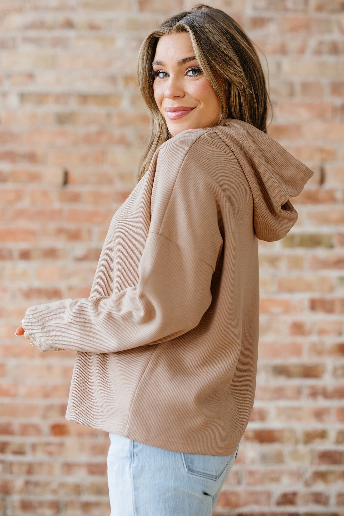Camel Textured Drawstring Hoodie