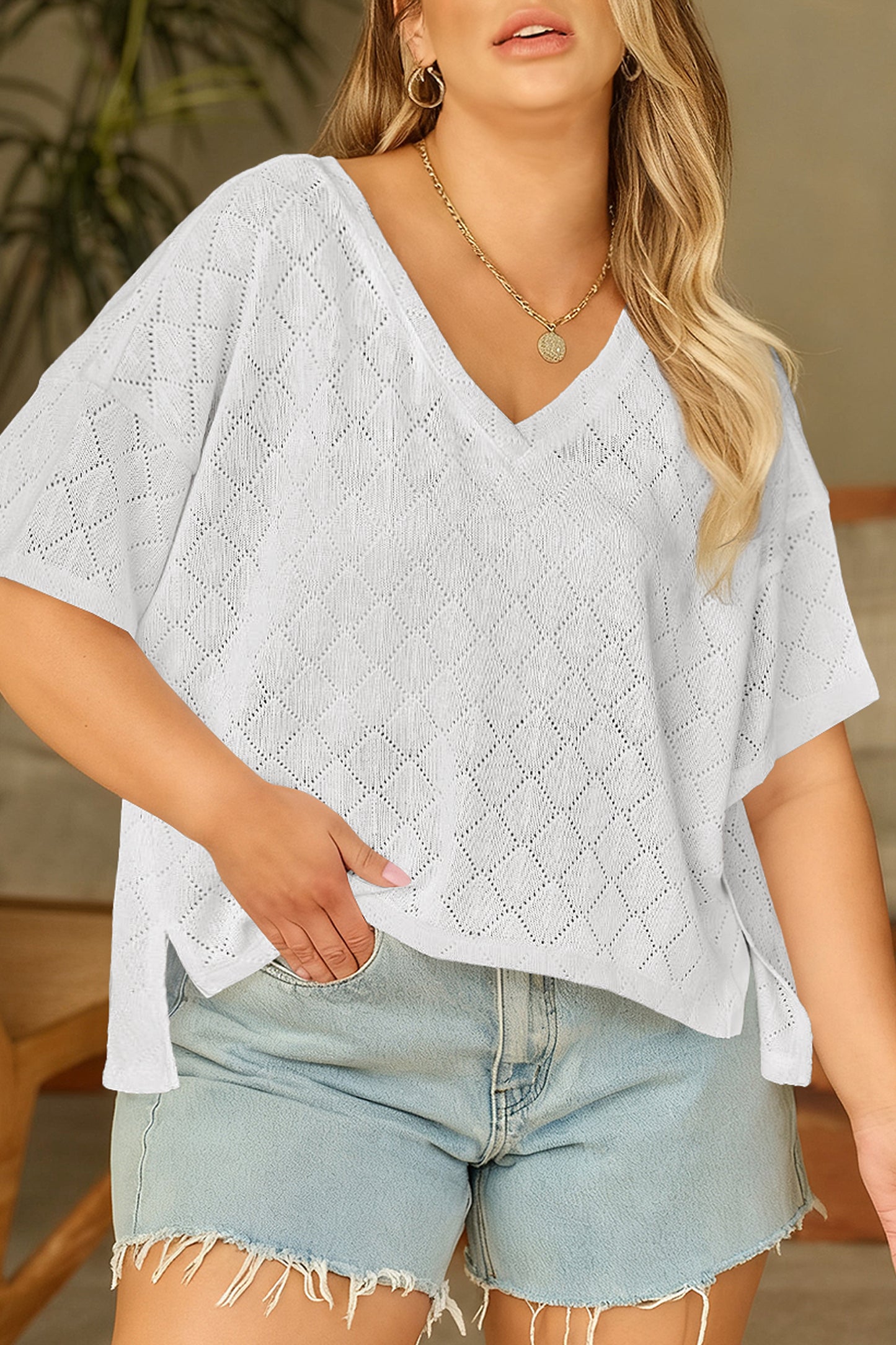 Golden Fleece Pointelle V-Neck Knit Top