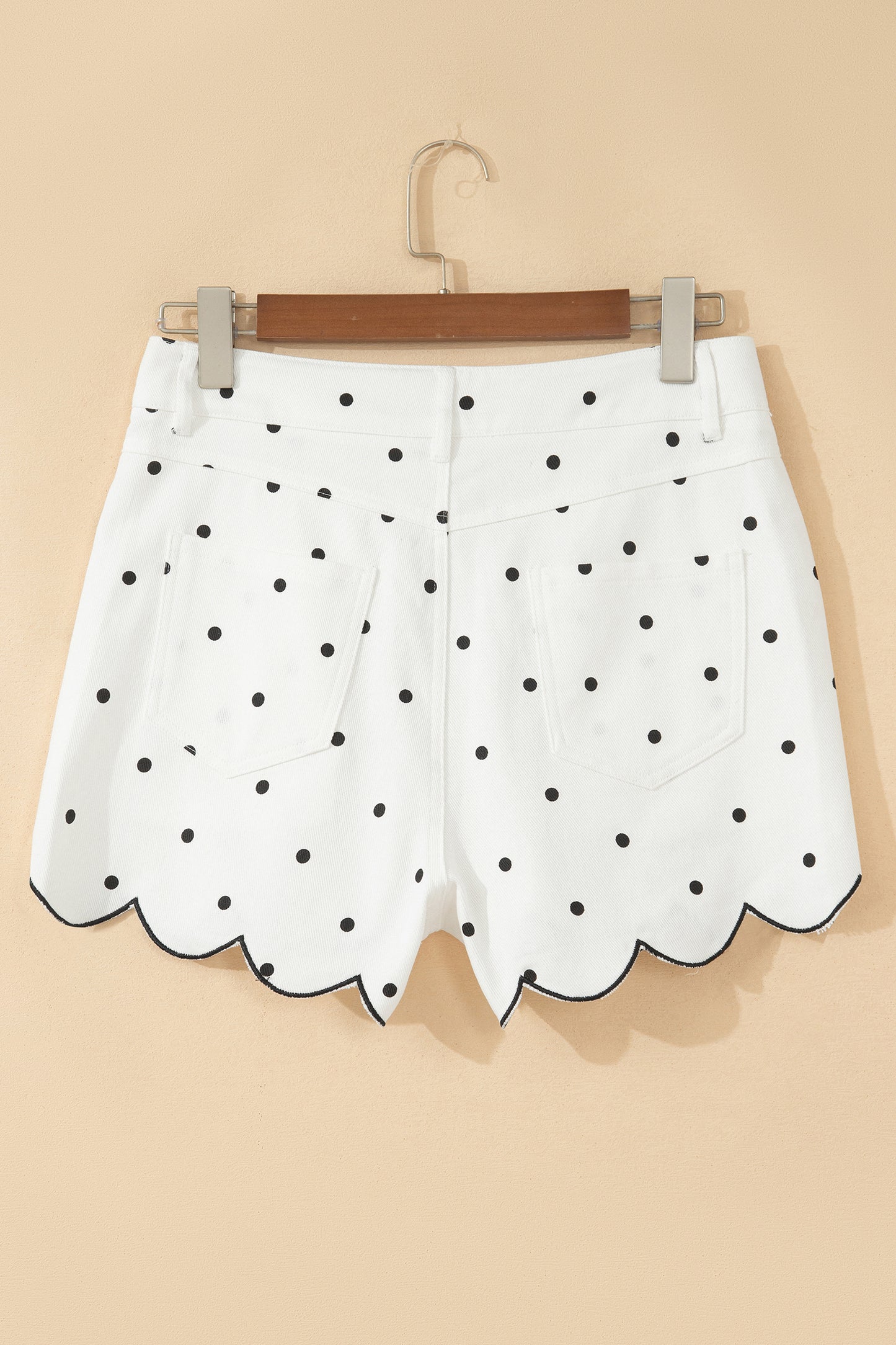 White Polka Dot Print Embroidered Scallop Hem Shorts