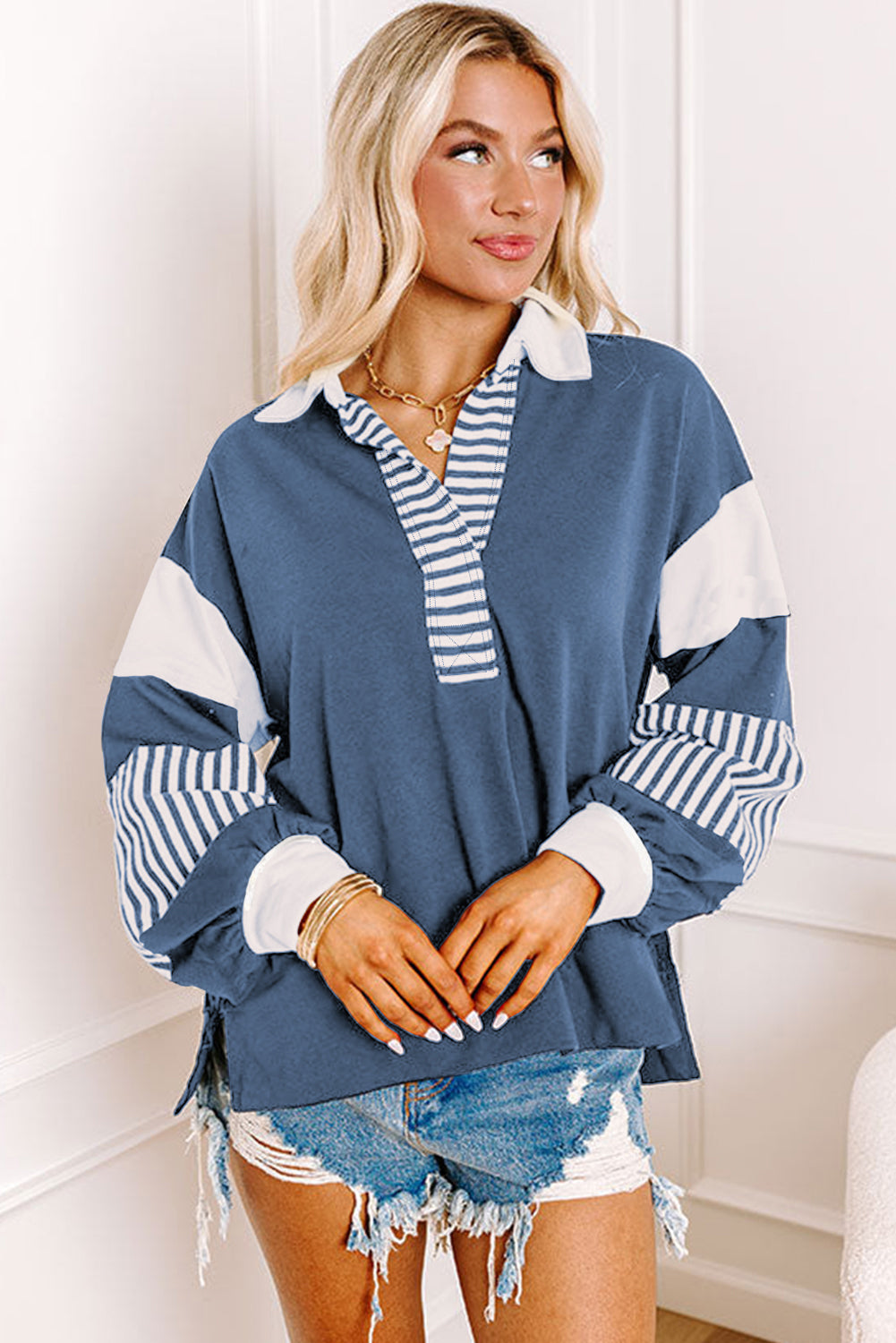 Pink Stripe Color-Block Patchwork Sweatshirt