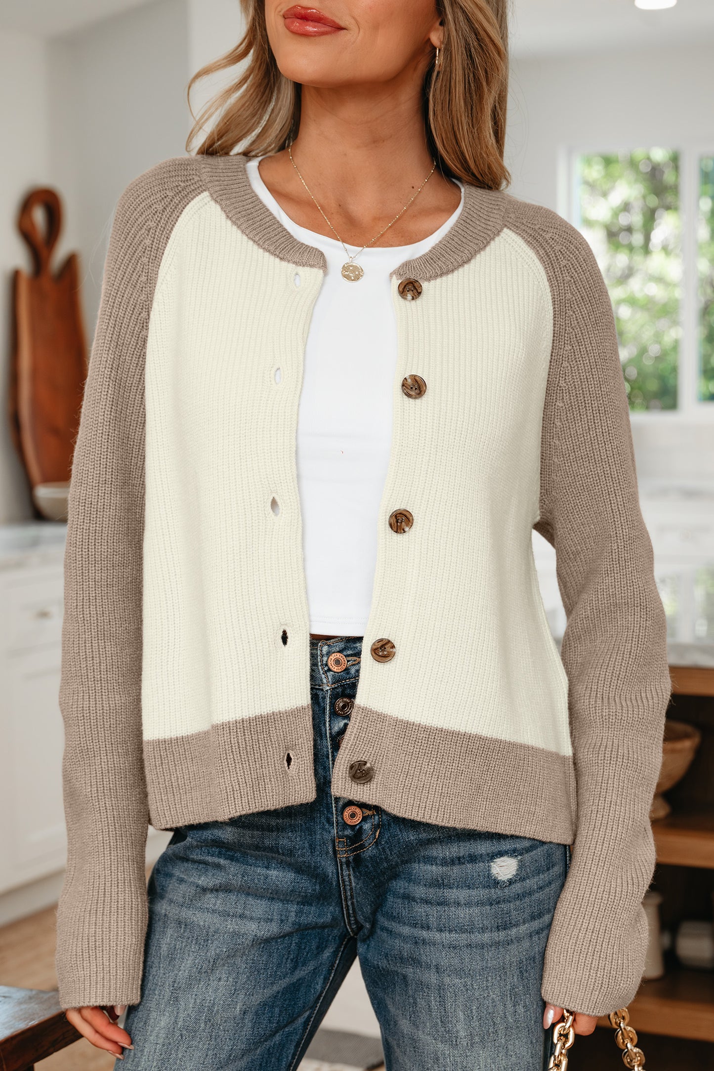 White Ribbed Color-Block Cardigan