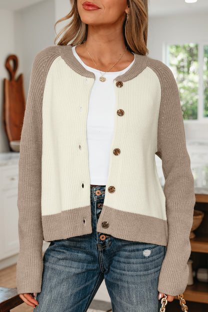 White Ribbed Color-Block Cardigan