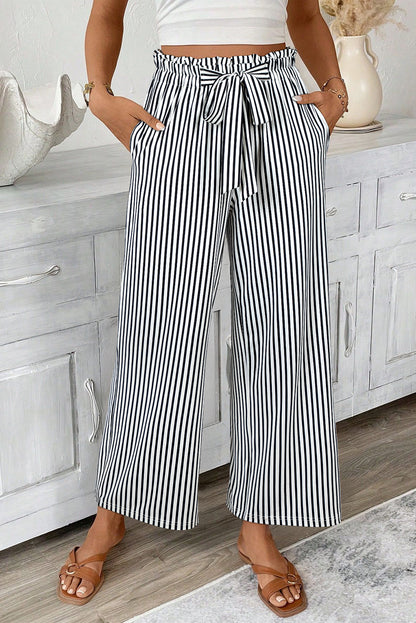 Black Stripe Tied High-Waist Loose Straight Casual Pants