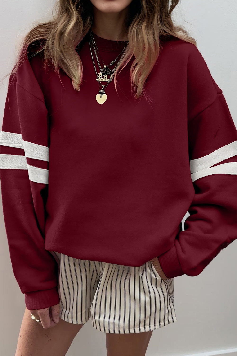 White Varsity Striped Detail Drop-Shoulder Oversized Sweatshirt