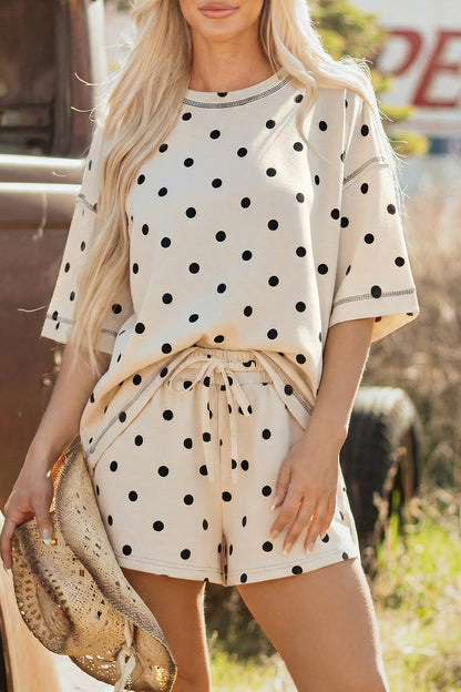 Pink Polka Dot Short-Sleeve Loose Top Drawstring Shorts Set