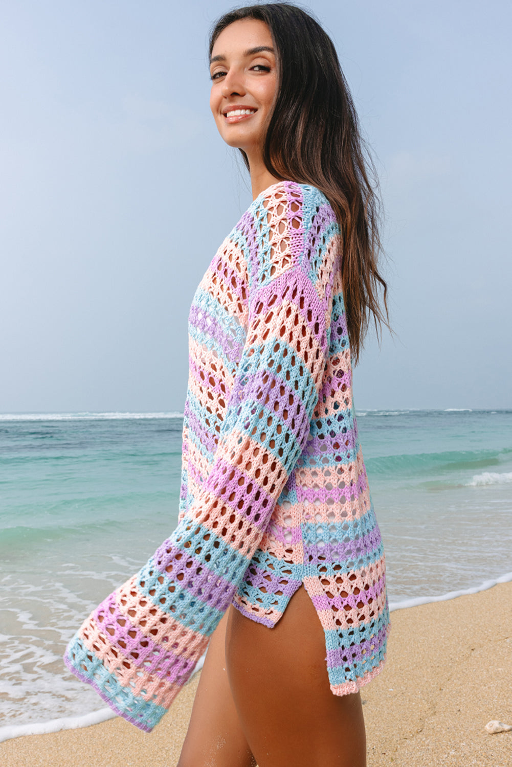 Purple Multicolor Stripe Open-Knit Beach Cover-Up