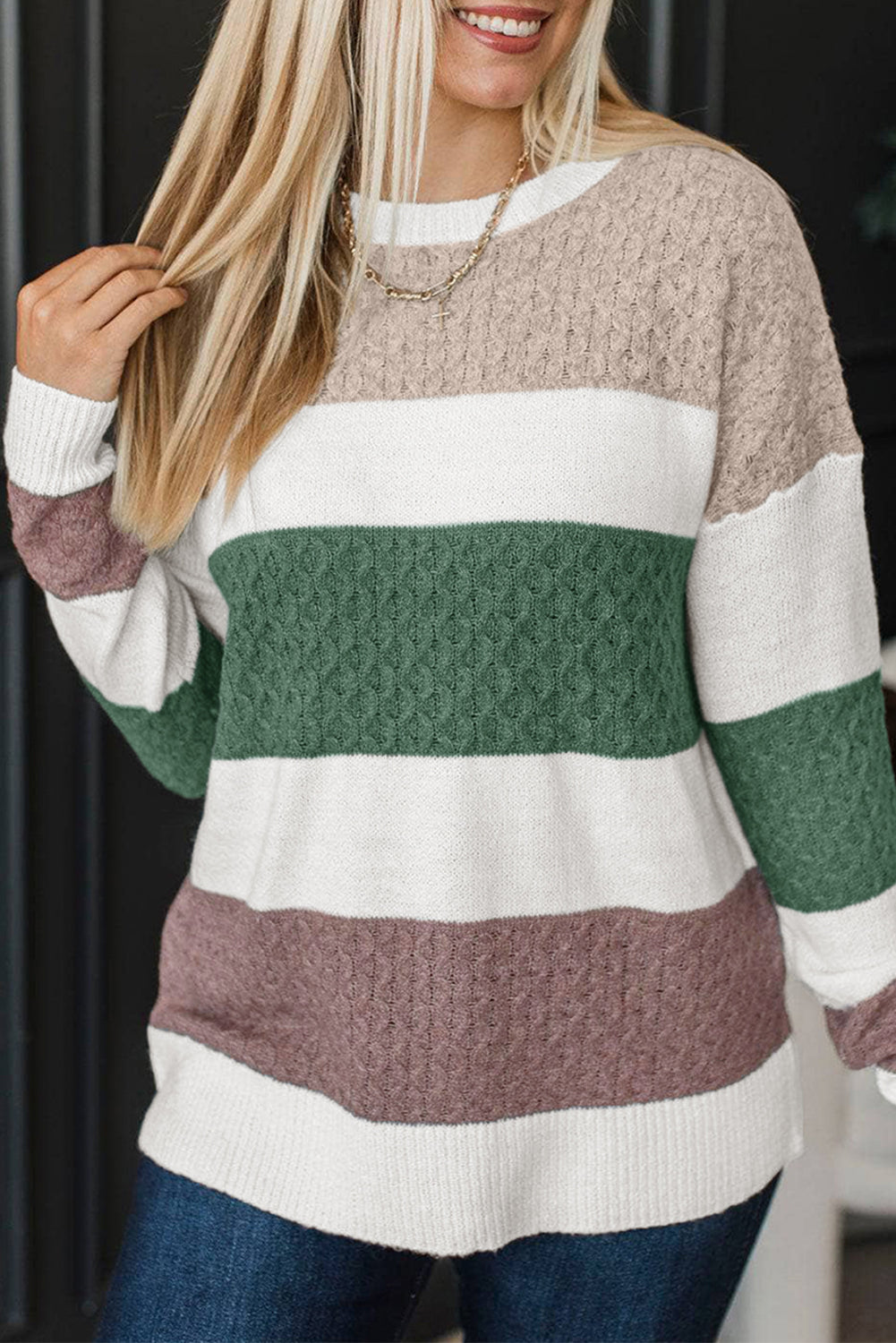 Green Mixed-Knit Color-Block Sweater