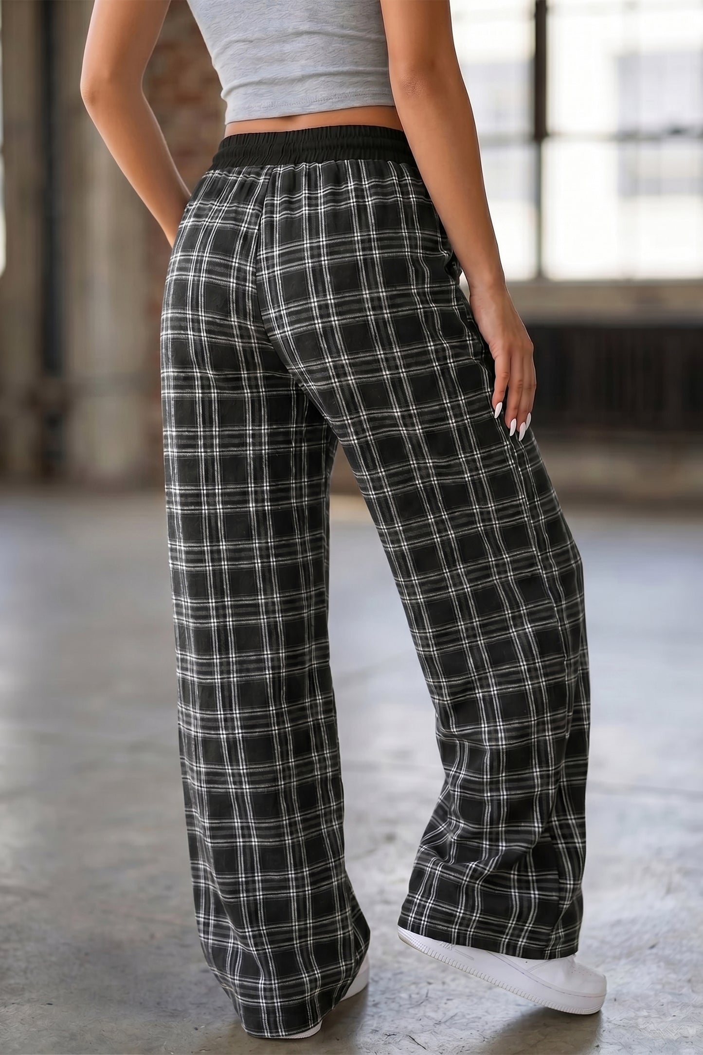 Black Frenchy Plaid Pattern Contrast Drawstring Waist Wide-Leg Pants