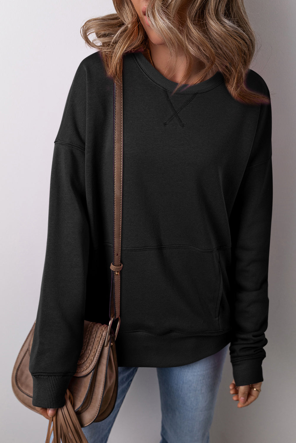Black Crisscross-Stitch Pocket Sweatshirt