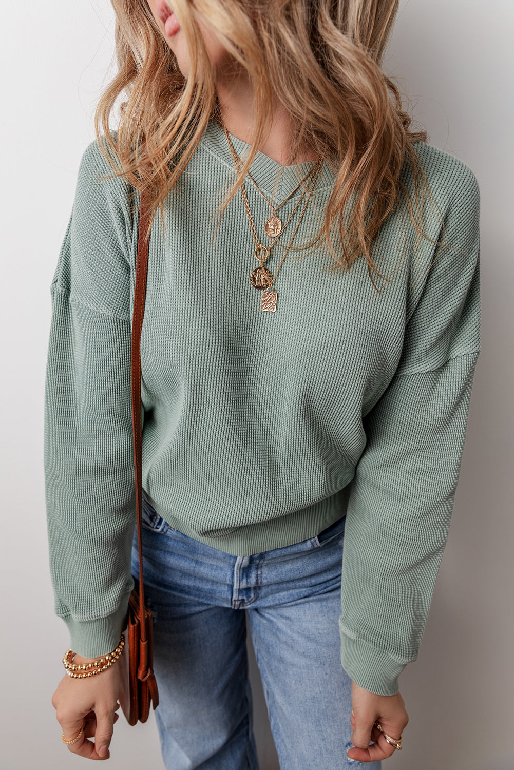 Aqua Waffle-Knit Drop-Shoulder V-Neck Top