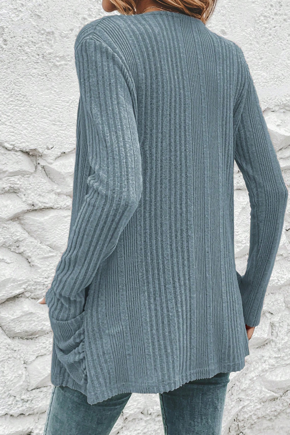 Stone Blue Ribbed Open-Front Cardigan