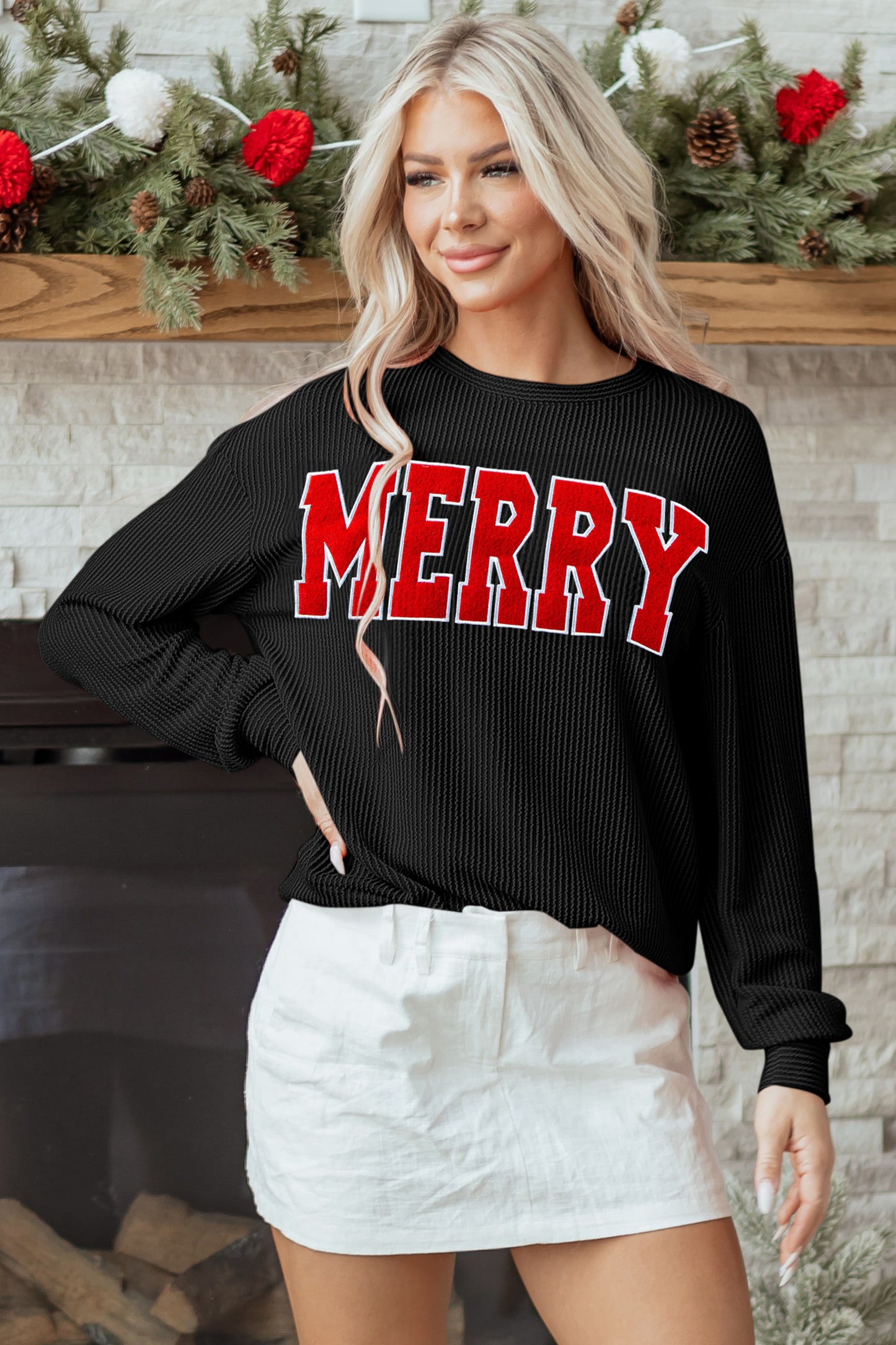Blackish Green Twisted Rib Outlined Merry Letter Graphic Loose Long-Sleeve Top