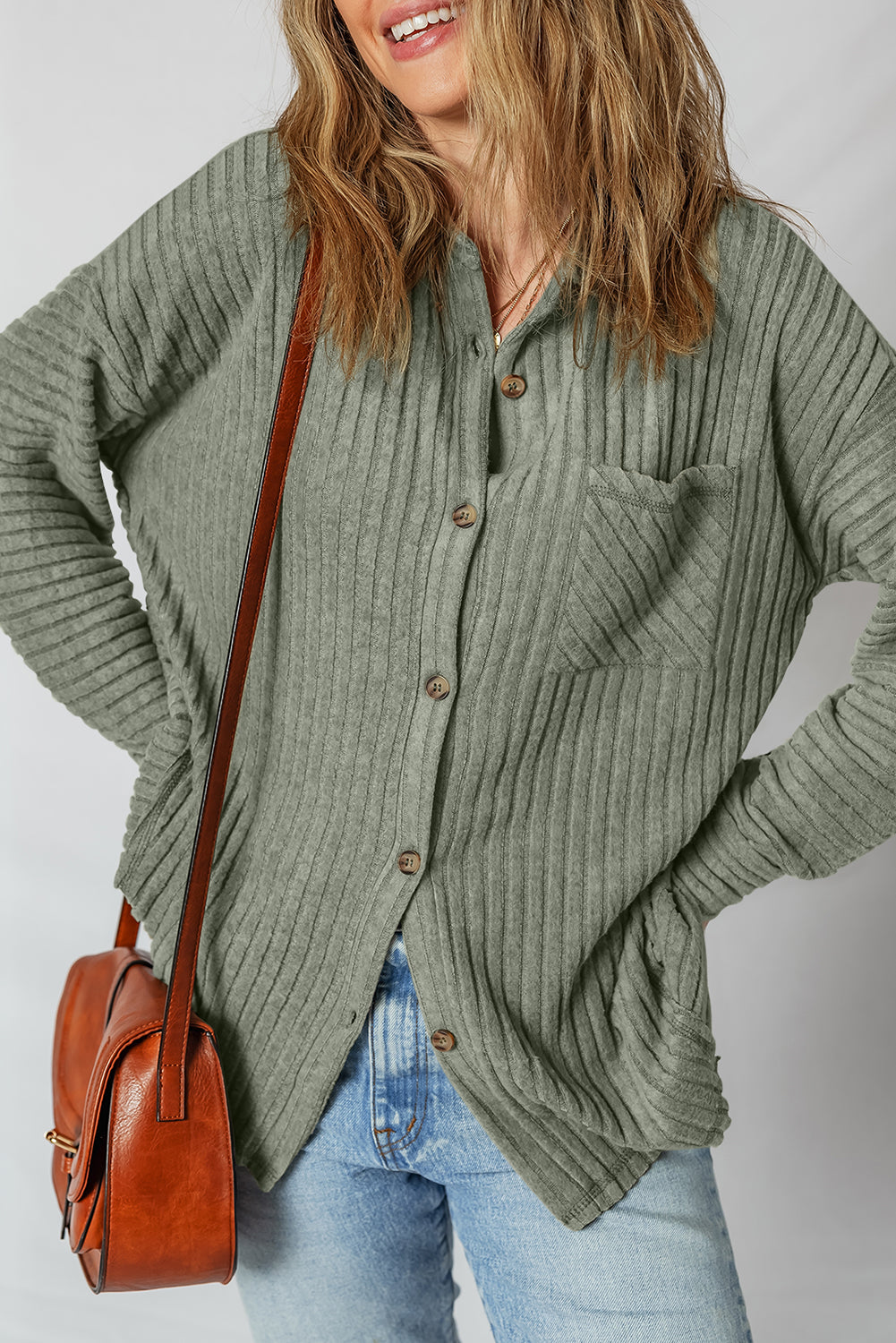 Mist Green Ribbed Button-Up Shacket
