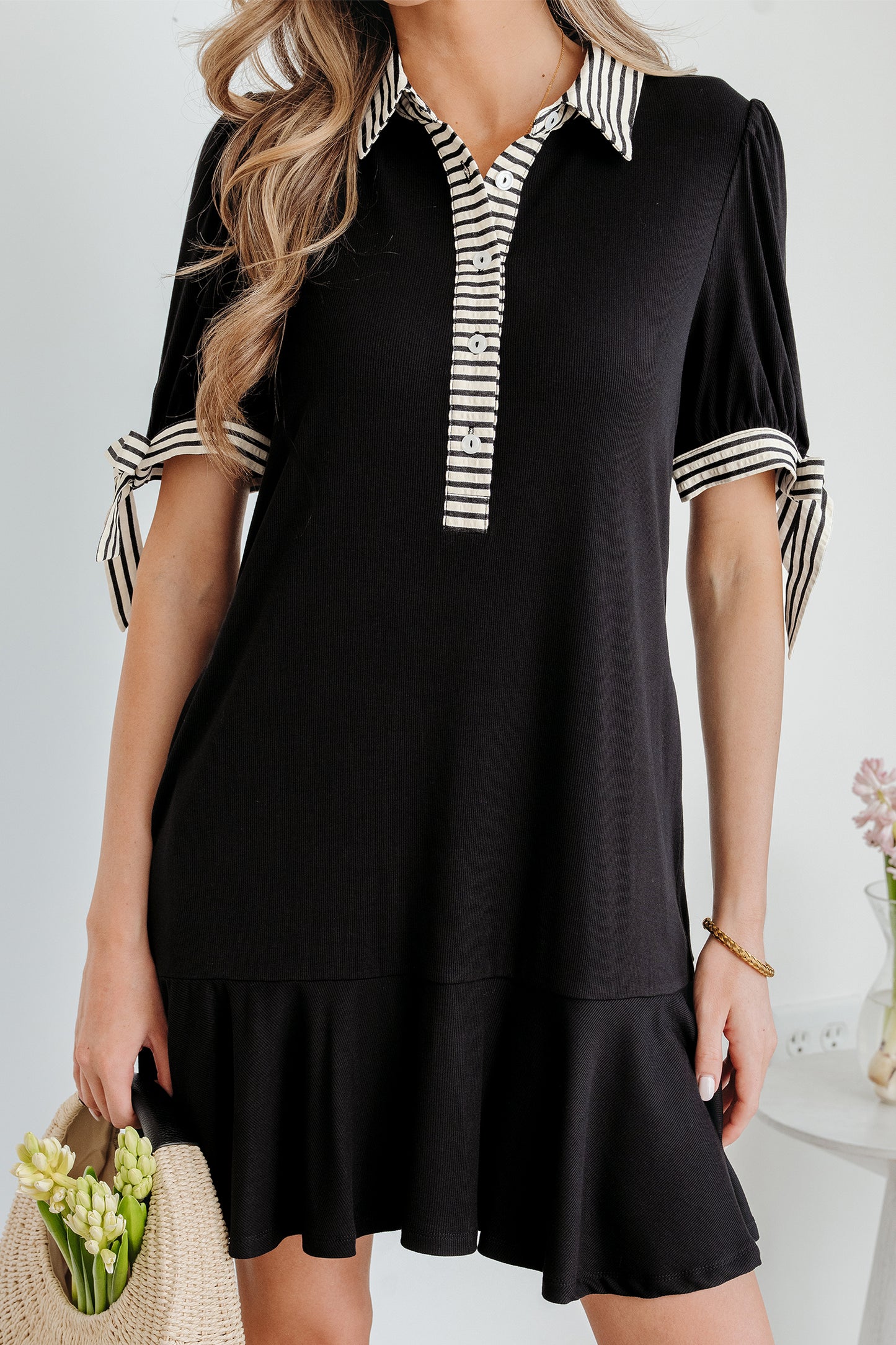 Black Stripe-Trim Polo Mini Dress