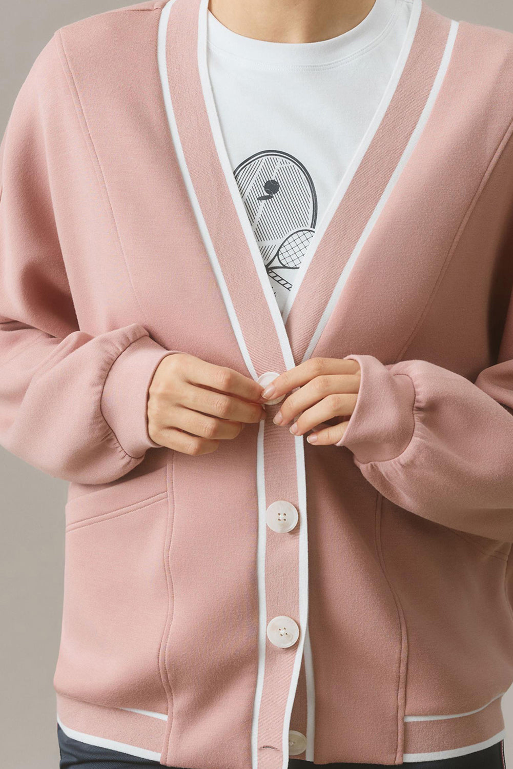 Pink Contrast-Trim Button-Front Knit Cardigan