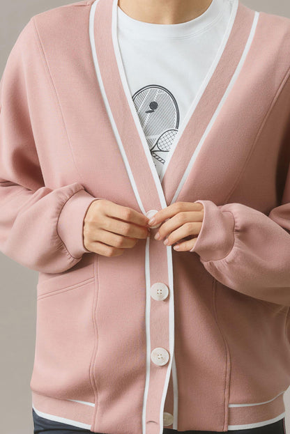 Pink Contrast-Trim Button-Front Knit Cardigan