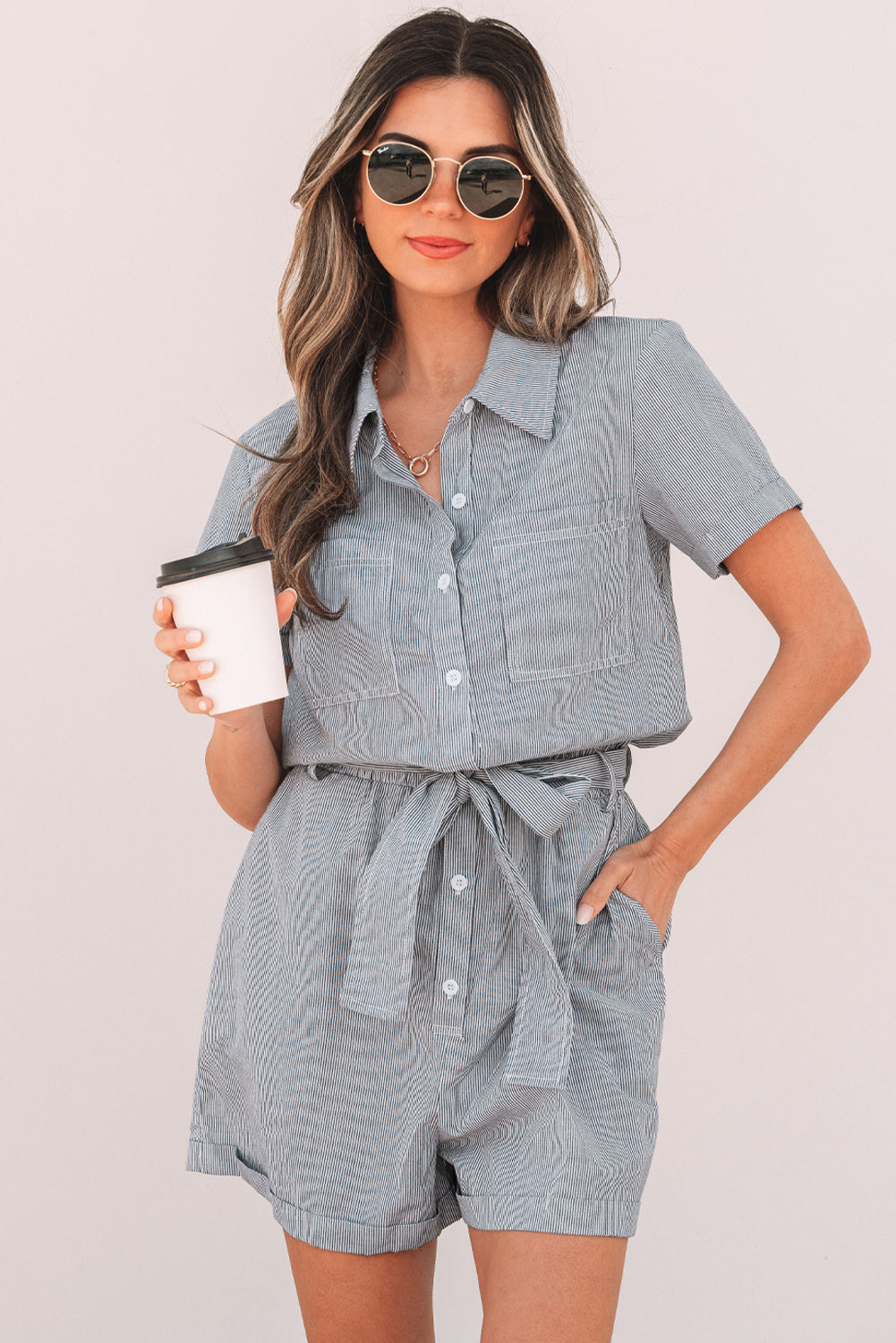 Blue Stripe Belted Shirt Romper