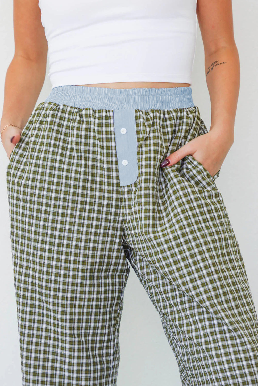 Brown Gingham Wide-Leg Boxer Pants