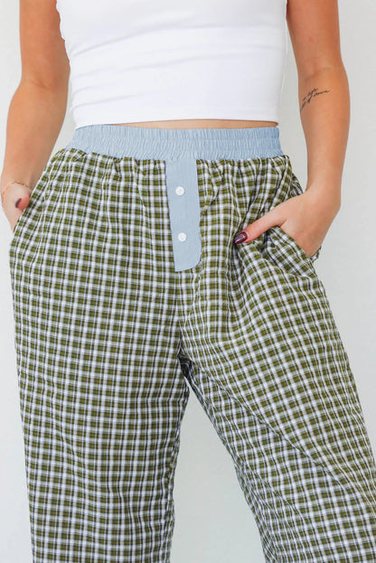 Brown Gingham Wide-Leg Boxer Pants