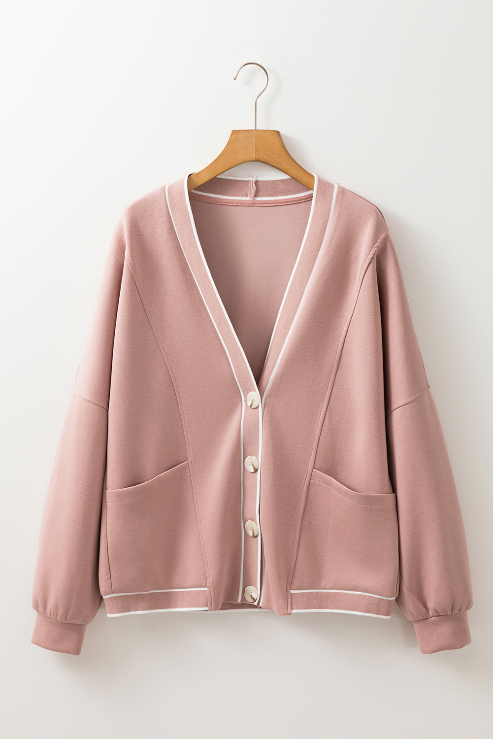 Pink Contrast-Trim Button-Front Knit Cardigan