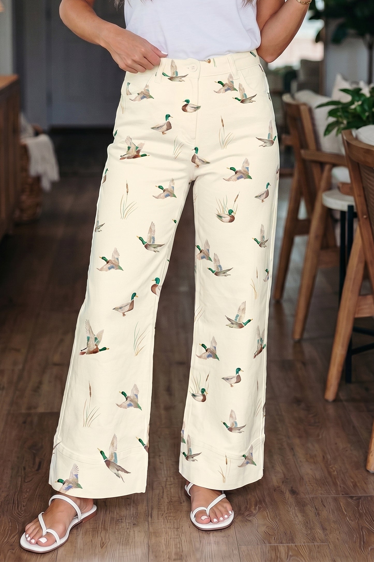 Beige Mallard Print Cuffed Jeans
