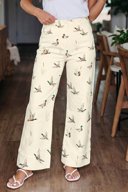 Beige Mallard Print Cuffed Jeans