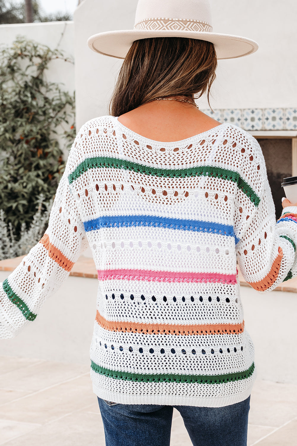 White Multicolor Striped Pointelle Sweater