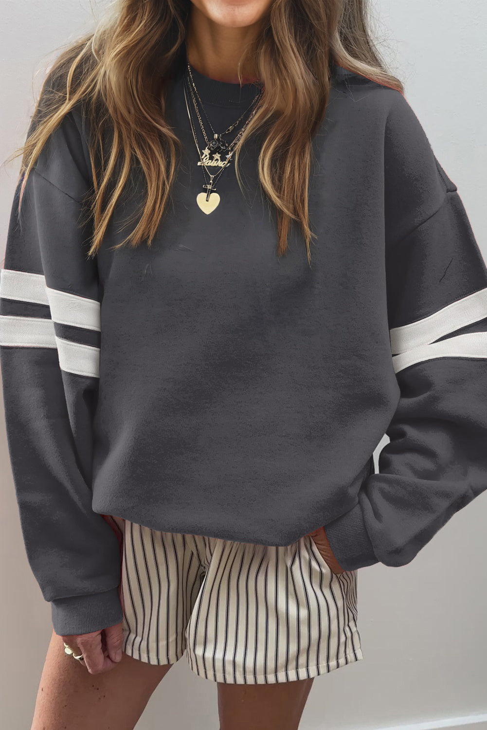 White Varsity Striped Detail Drop-Shoulder Oversized Sweatshirt