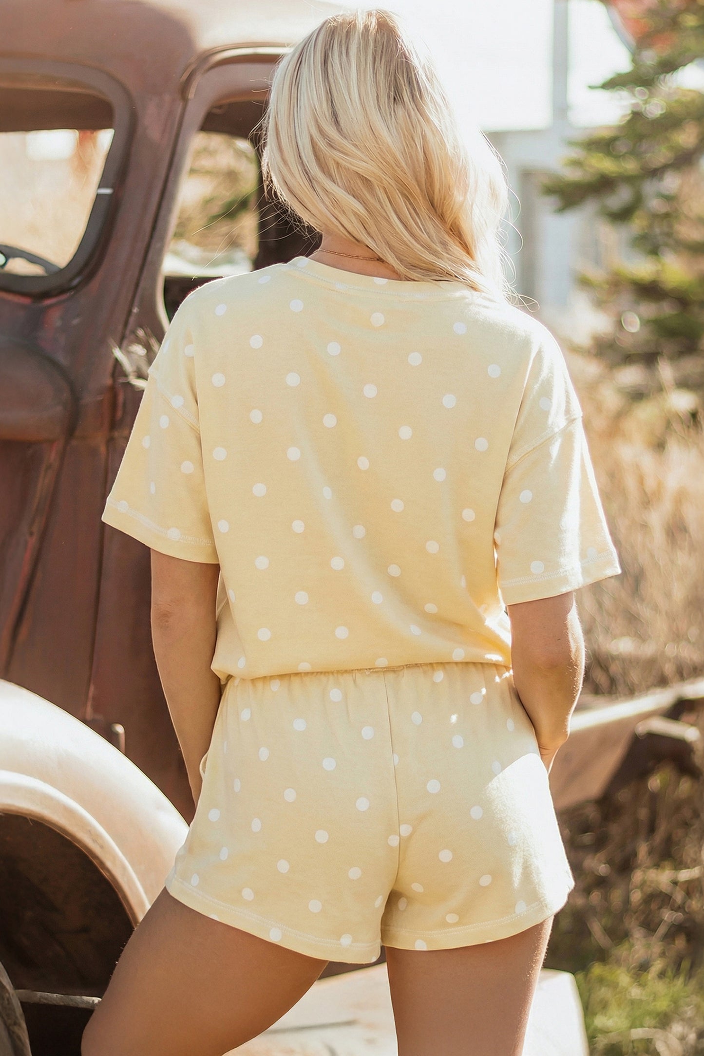 Pink Polka Dot Short Sleeve Loose Top Drawstring Shorts Set