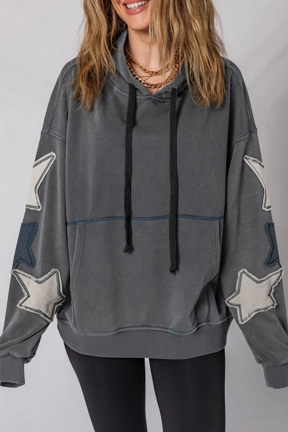 Carbon Gray Star-Appliqué Washed Hoodie