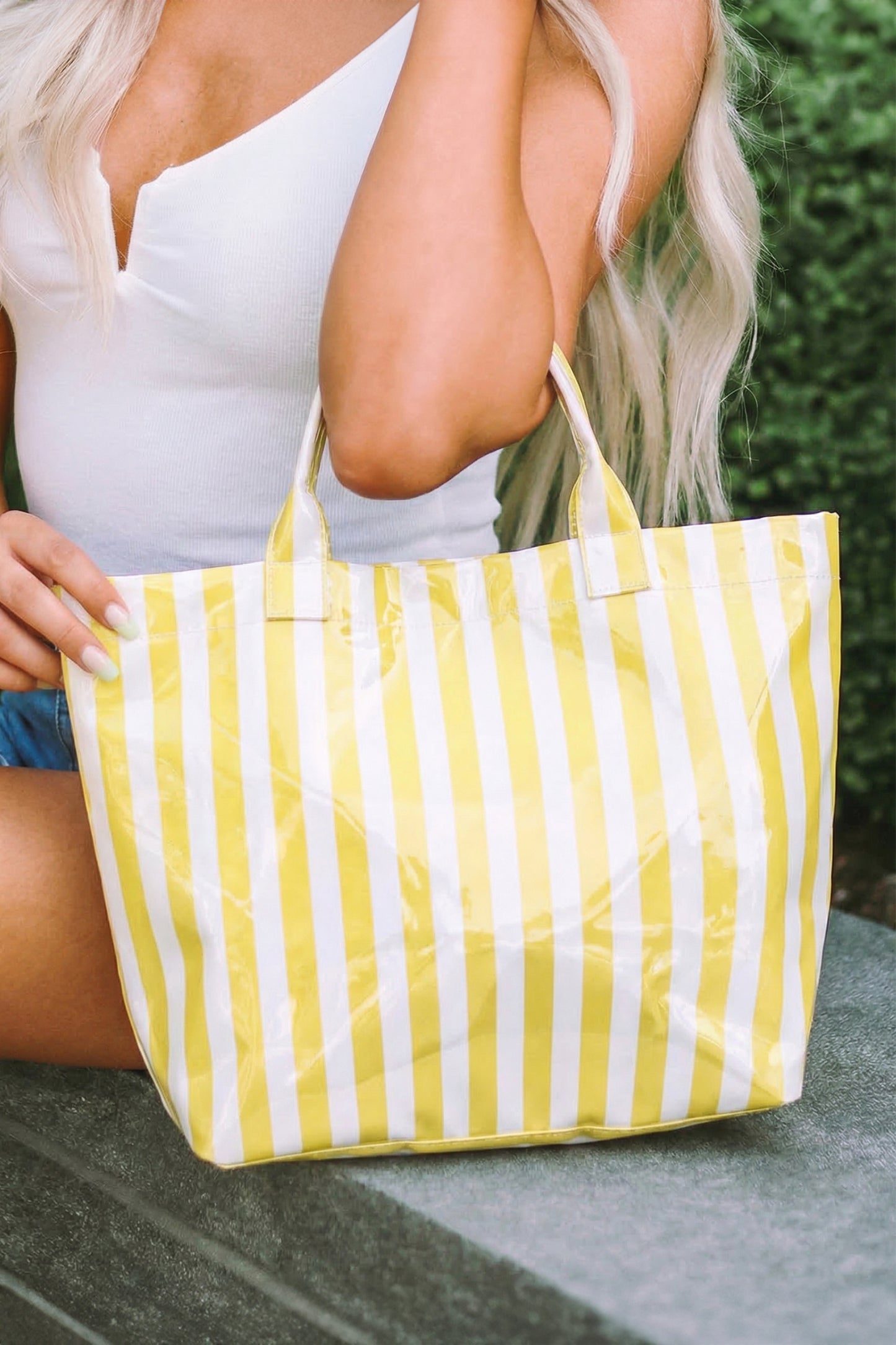 Red Glossy Striped Vinyl Large Tote Bag (Color Varied)