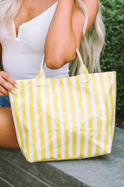 Red Glossy Striped Vinyl Large Tote Bag (Color Varied)