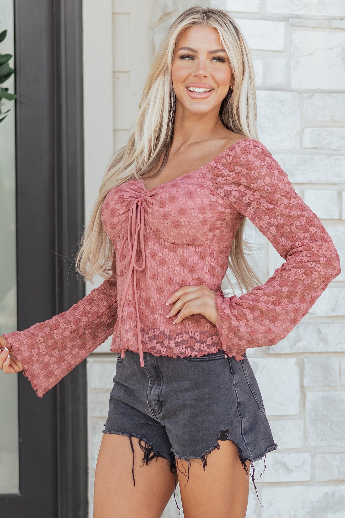 Peach Floral Lace Drawstring Blouse