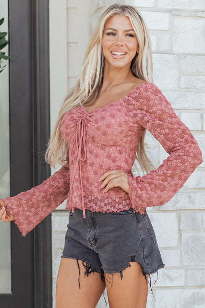 Peach Floral Lace Drawstring Blouse