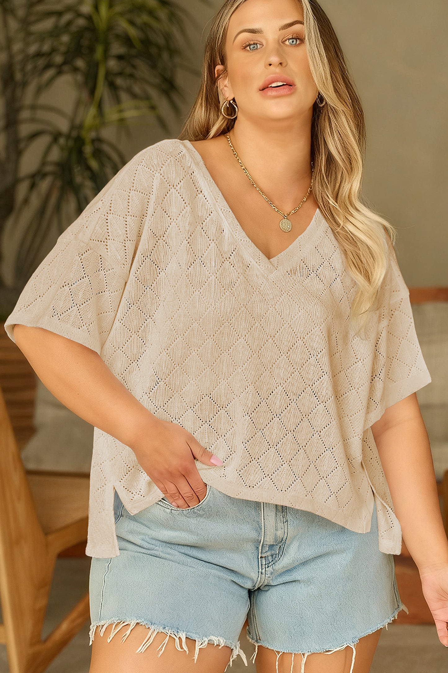 Golden Fleece Pointelle V-Neck Knit Top