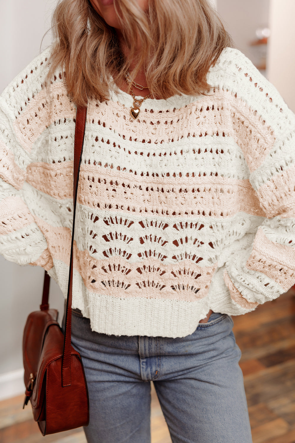 Pink Hollow-out Color-Block Drop-Shoulder Casual Sweater