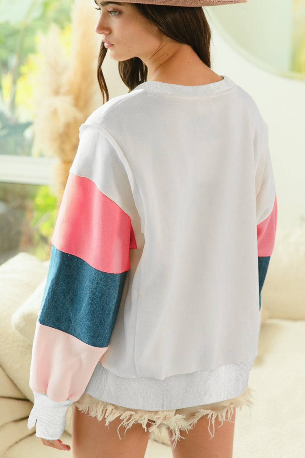 White French Terry Color Block Long-Sleeve Top