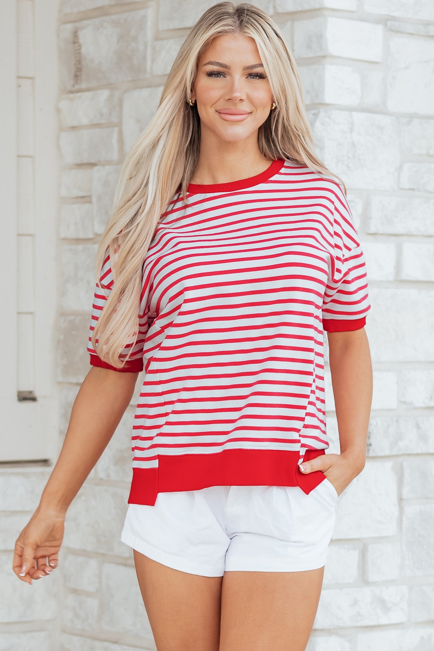 Red Striped Drop-Shoulder T-Shirt