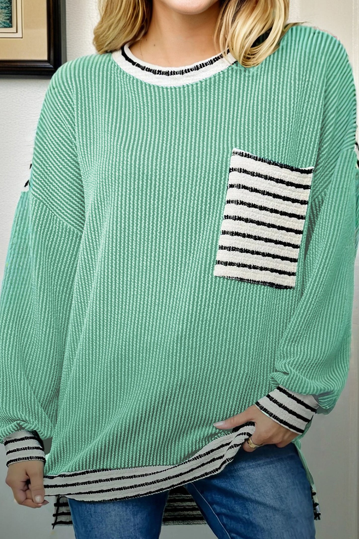Sea Green Striped-Pocket Ribbed Top