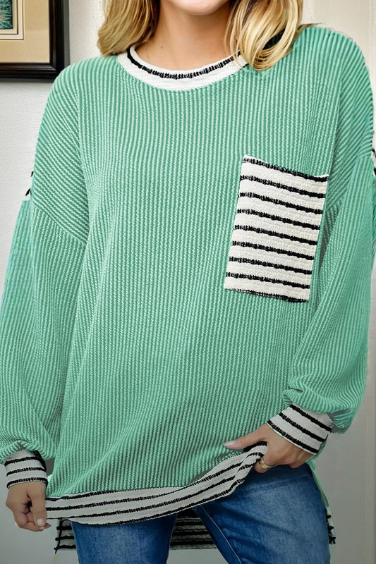 Sea Green Striped-Pocket Ribbed Top