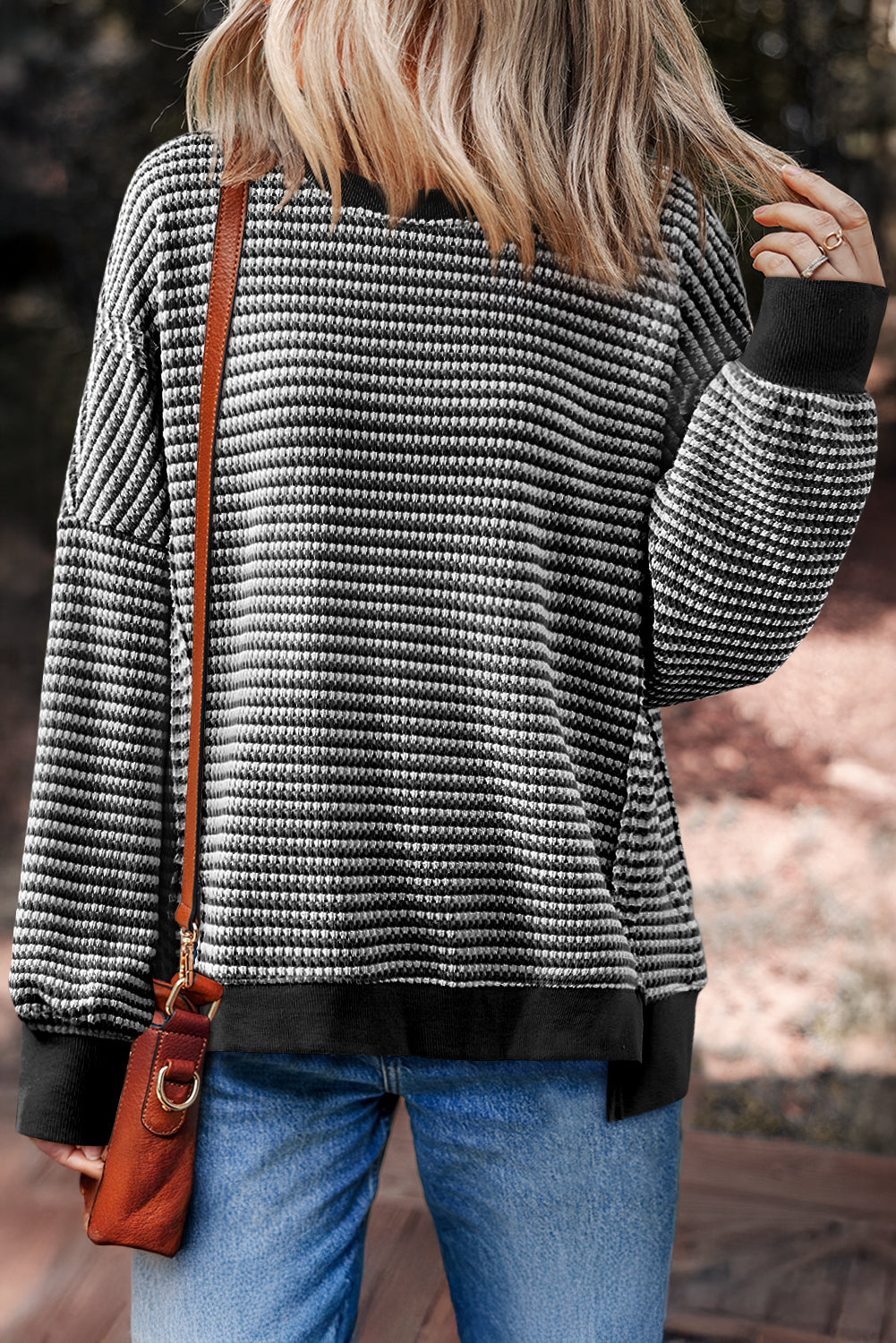 Black Striped Waffle-Knit Oversized Top