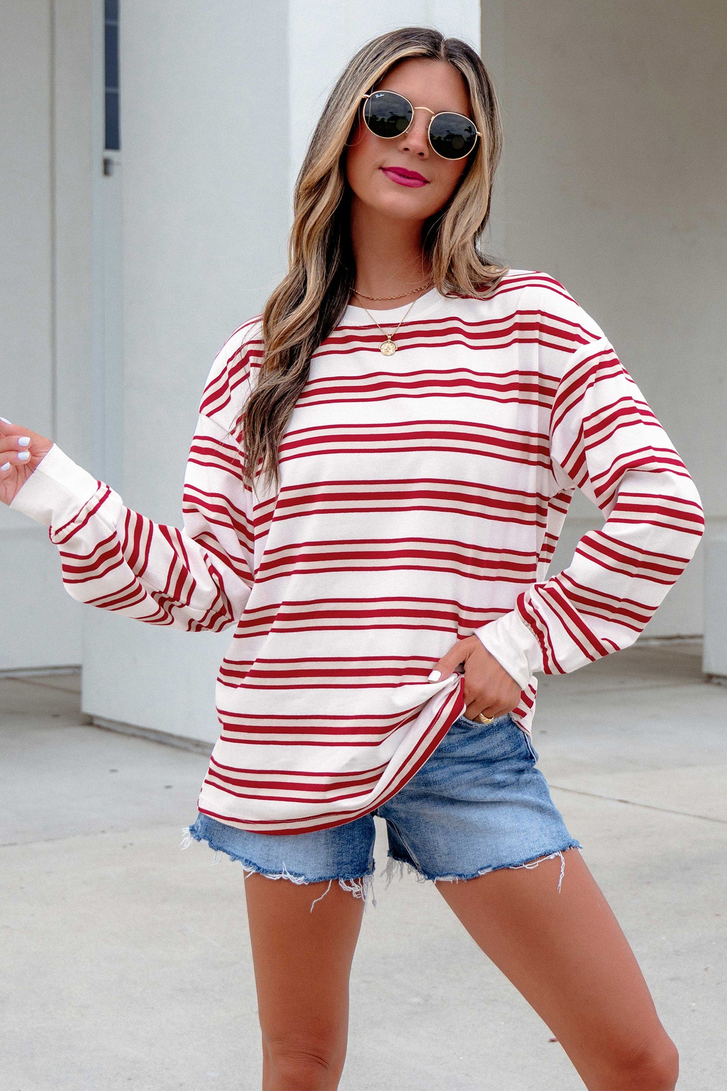 Red Striped Drop-Shoulder Long-Sleeve Top