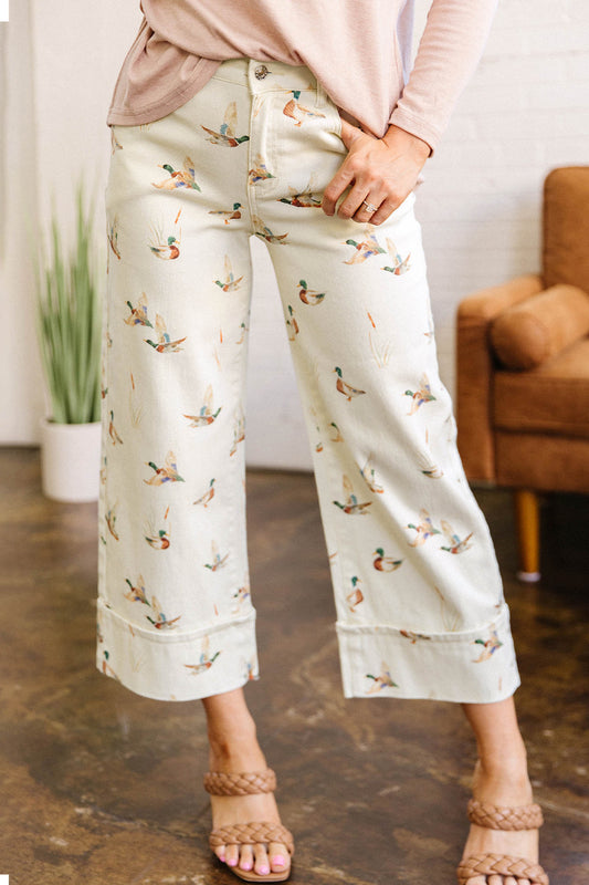 Beige Mallard Print Cuffed Jeans