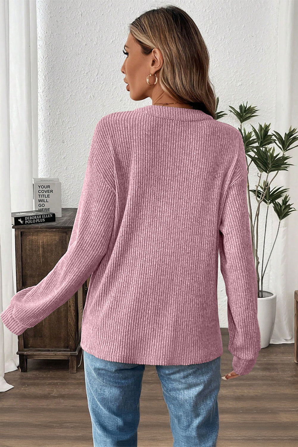 Clearly Aqua Ribbed Henley Knit Top