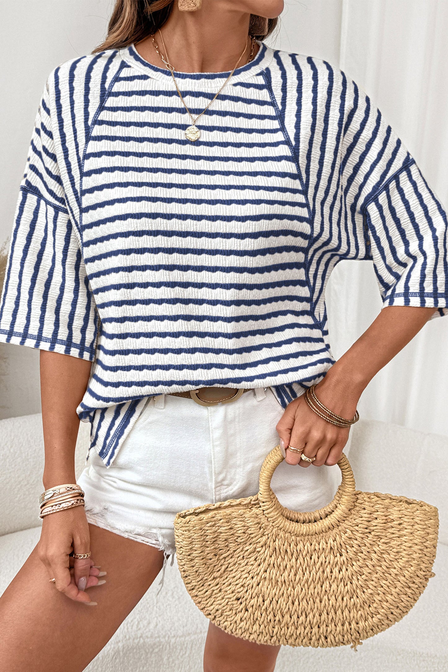 Pink Stripe Textured Knit Split Hem Half-Sleeve Loose Top