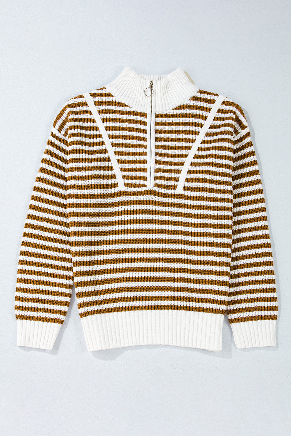 Khaki Striped Zip-Collar Sweater