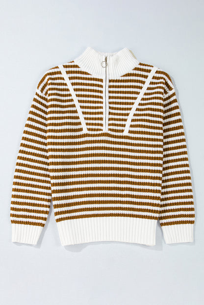 Khaki Striped Zip-Collar Sweater