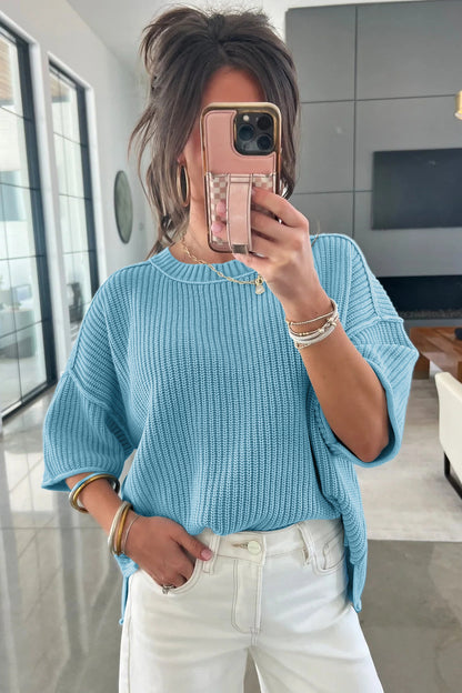 Mist Blue Exposed Seam Detail Half-Sleeve Loose Sweater
