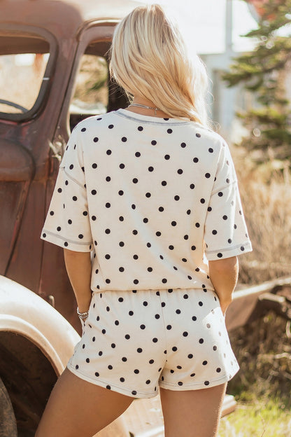 Pink Polka Dot Short-Sleeve Loose Top Drawstring Shorts Set