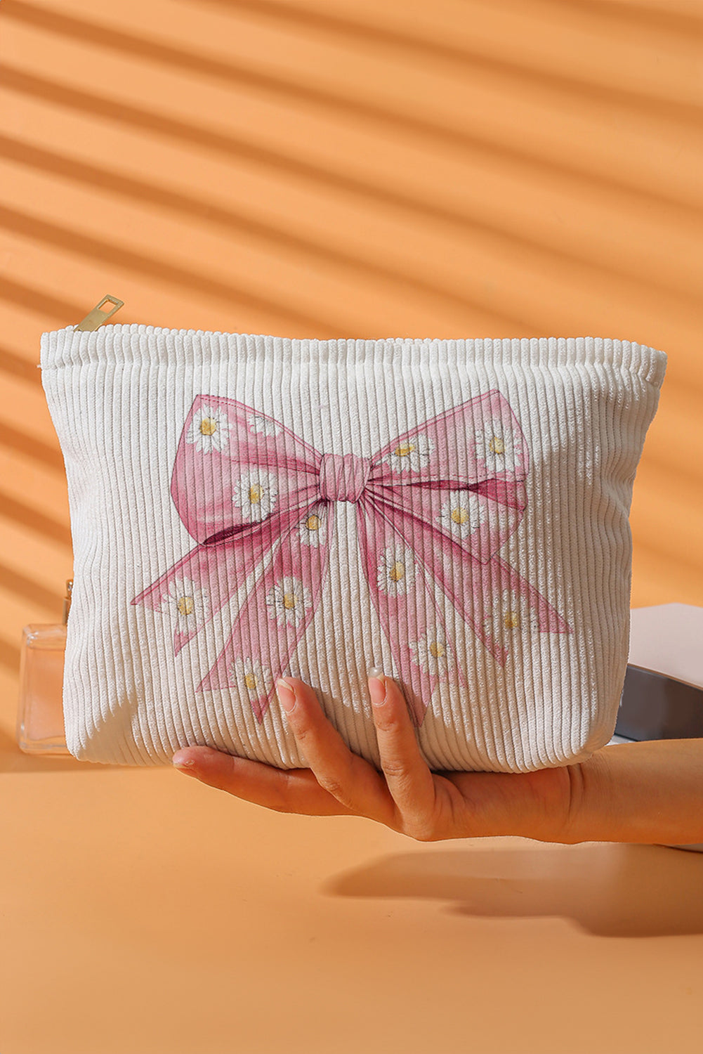 Pink Daisy-Bow Corduroy Makeup Bag